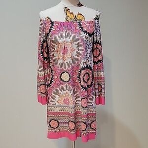JJ BOUTIQUE paisley pink off the shoulder dress with bell sleeves.  Size is M.